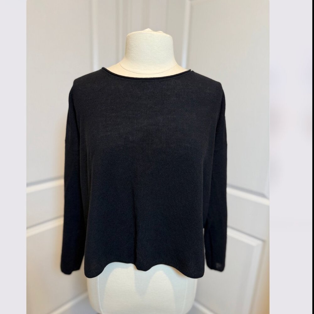 Eileen Fisher Top M, Black Organic Linen Cotton Boxy Sweater Knit Capsule